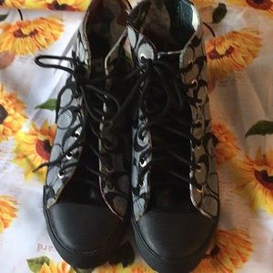 Coach High Top Sneakers Size 9 New Shoelaces Black & Grey Signature C